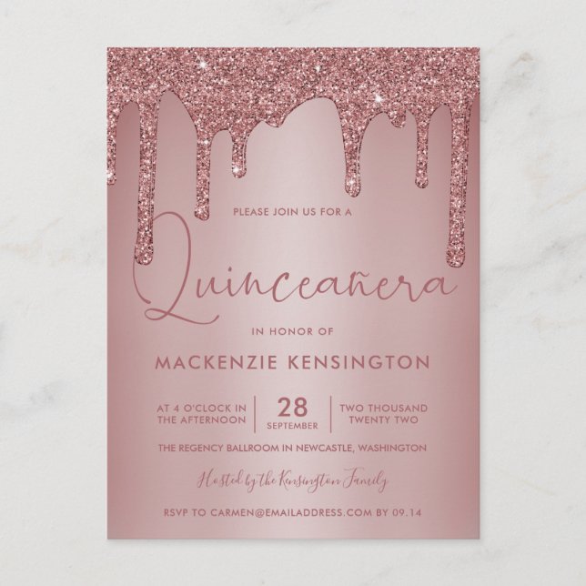 Postal Rosa Purpurina de espuma de oro perfora Quinceañer (Anverso)