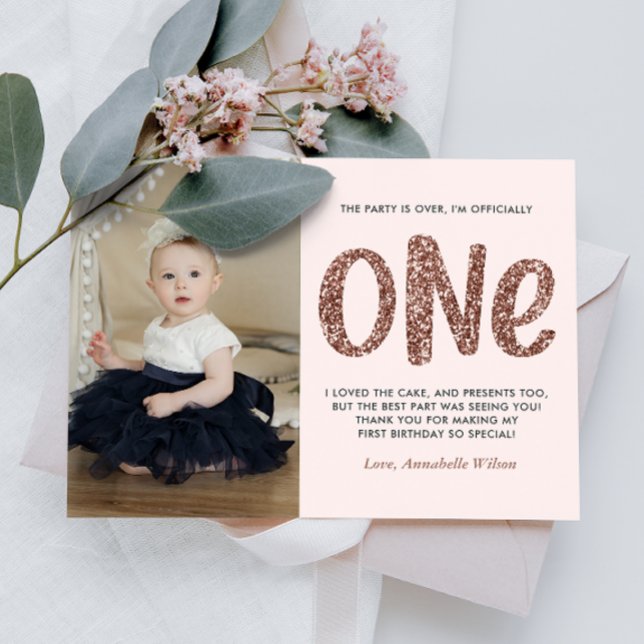 Postal Rosa Purpurina de Faux de Oro Primer Cumpleaños Gr (Subido por el creador)