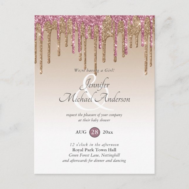 Postal Rosa Purpurina de goteo rosa dorado bebé ducha (Anverso)