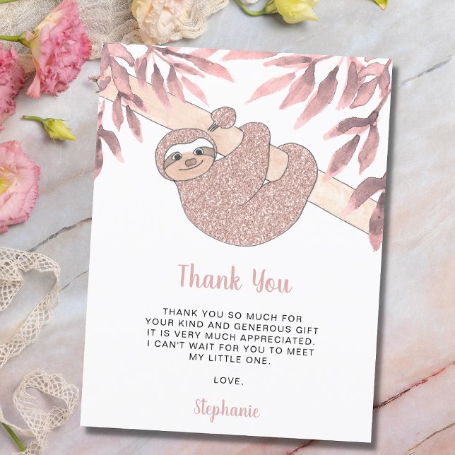 Postal Rosa Purpurina de Oro Cute Sloth Baby Shower Graci (Subido por el creador)