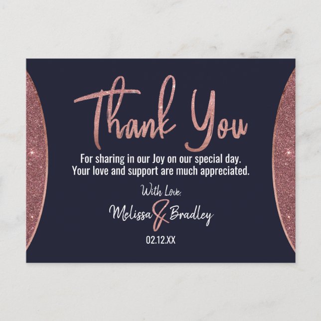 Postal Rosa Purpurina de oro Navy Circular Azul Gracias (Anverso)