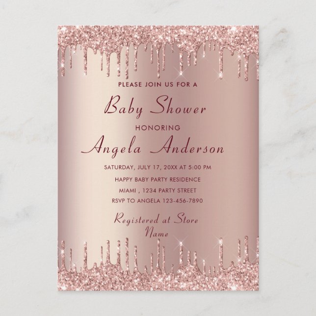Postal Rosa Purpurina de oro Sparkly Baby Shower Invitaci (Anverso)