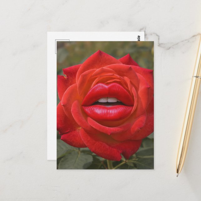 Postal Rosa Roja con Collage de Labios (Anverso/Reverso In Situ)