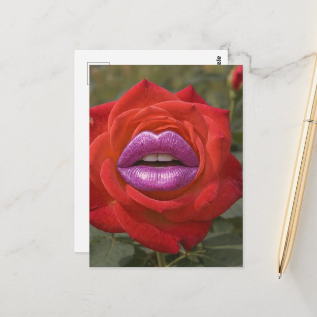 Postal Rosa Roja con Labios Rosas Collage (Anverso/Reverso In Situ)