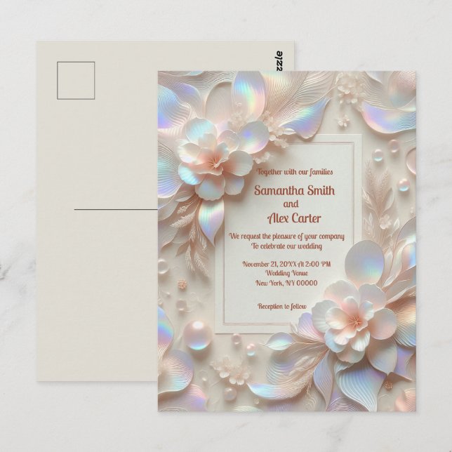 Postal Rosa romántico boda de flores (Anverso / Reverso)