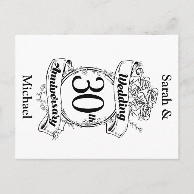 Postal rosa Romántico de flores en 30° aniversario de Bod (Anverso)