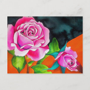 Postal Rosa rosa con arte de acuarela naranja
