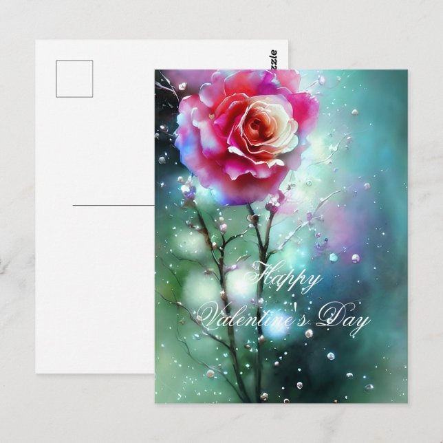Postal Rosa rosa en día de San Valentín lluvioso (Anverso / Reverso)