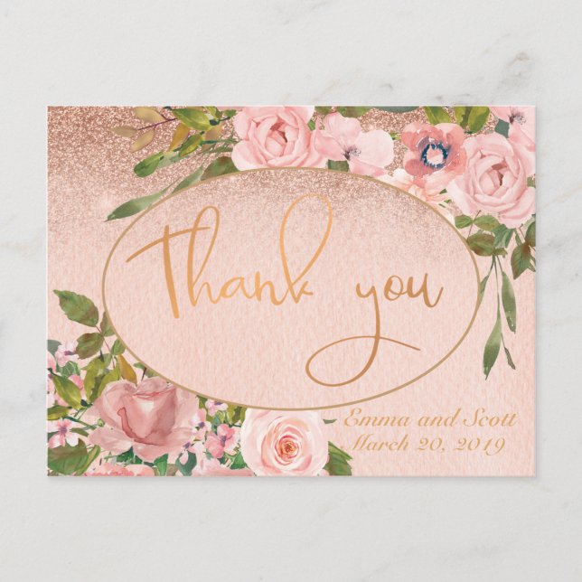 Postal Rosa Rosa Rosa Gold Copper Gracias Boda Floral (Anverso)