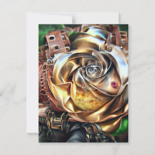 Postal Rosa Steampunk con cara surrealista - Flor mecánic
