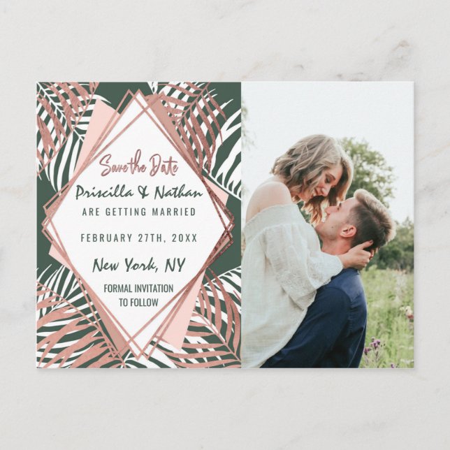Postal Rosa Verde Oro Tropical Palm Tree Leaf Save Date (Anverso)
