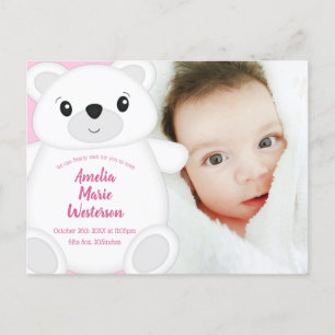 Postal Rosado de Baby Shower de oso polar
