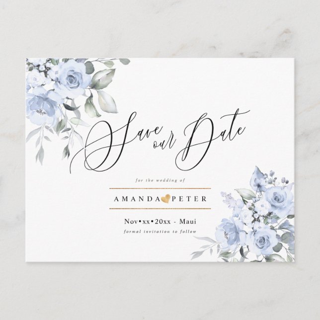 Postal Rosas acuarela azul polvoriento Save the Date (Anverso)