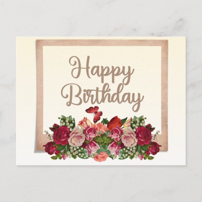 Postal Rosas antiguas, lirio del valle Feliz Cumpleaños (Anverso)