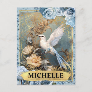 Postal Rosas Azules Románticas y Fantasía de Colibrí