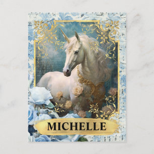 Postal Rosas Azules Románticas y Fantasía de Unicornio
