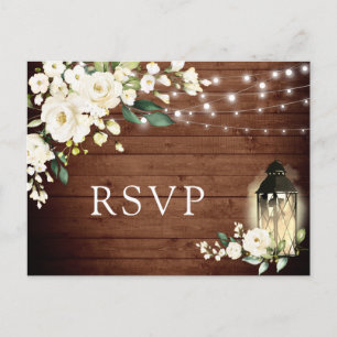 Postal Rosas blancas de madera RSVP de boda rústica 