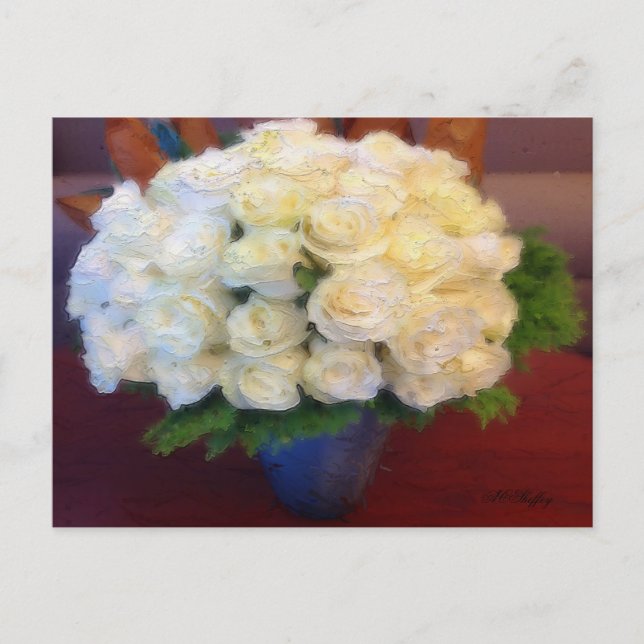 Postal Rosas blancas en un jarrón azul (Anverso)