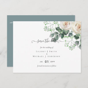 Postal Rosas Blancas Sage Eucalyptus Boda Guardar fechas