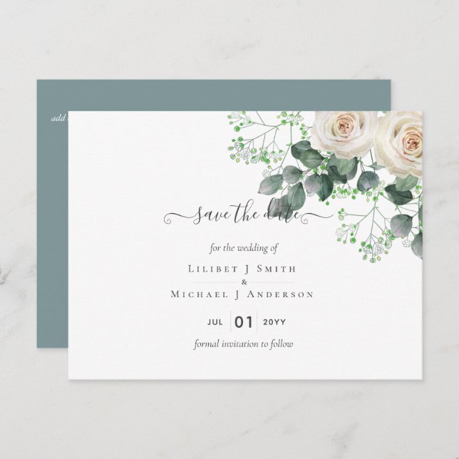 Postal Rosas Blancas Sage Eucalyptus Boda Guardar fechas (Anverso / Reverso)