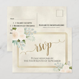 Postal Rosas Blancas y Eucalipto Dorado RSVP Boda