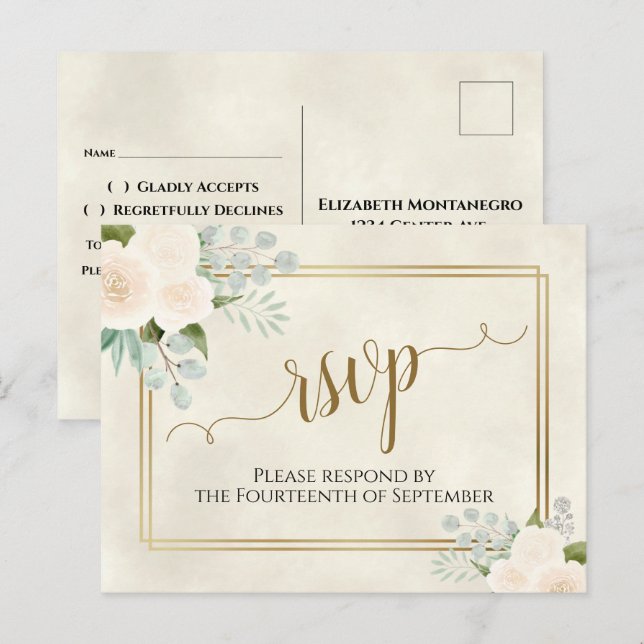 Postal Rosas Blancas y Eucalipto Dorado RSVP Boda (Anverso / Reverso)