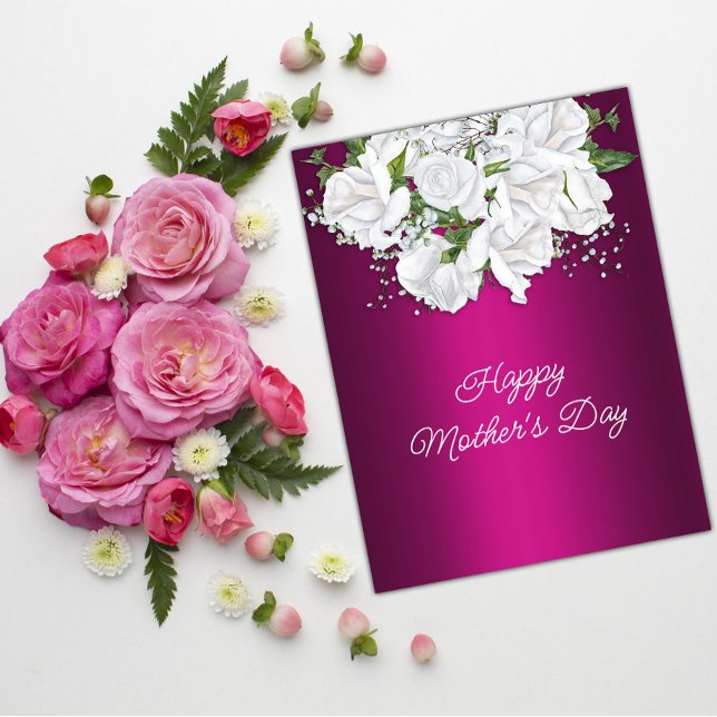 Postal Rosas blancas y vibrante Día de la Madre Rosa (Subido por el creador)