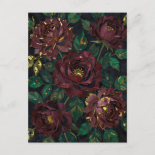 Postal Rosas Burgundy de Lujo con Hojas de Oro Floral