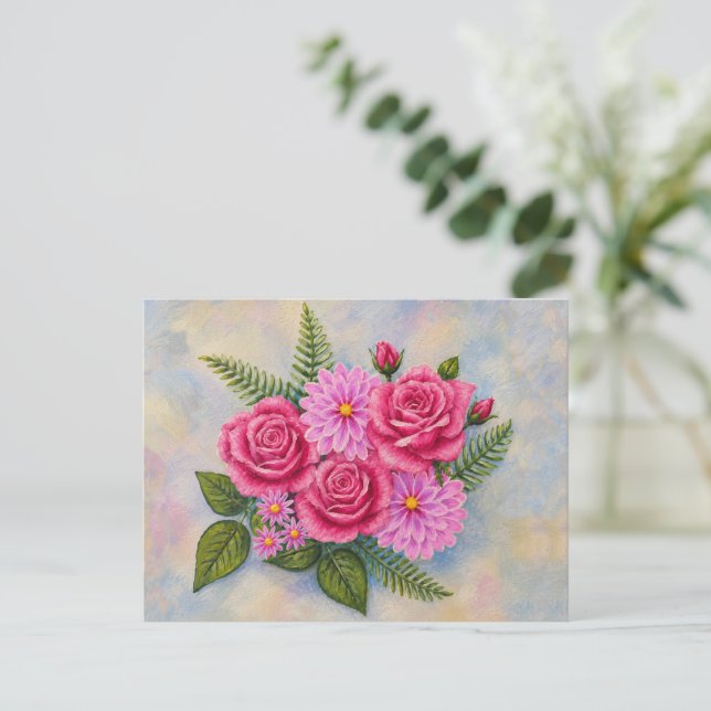 Postal Rosas con Dahlias  (Anverso de pie)