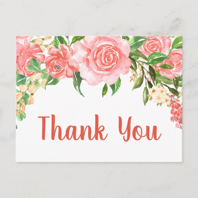 Postal Rosas de acuarela rosa coral gracias (Anverso)
