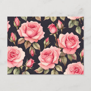 Postal Rosas de acuarela rosadas sobre fondo negro