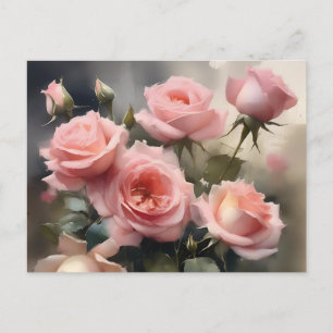 Postal Rosas de bonito rosa claro jardín acuarela pintura