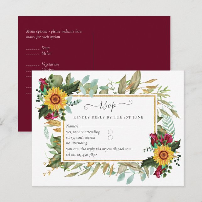 Postal Rosas de Borgoña Girasoles Boda RSVP (Anverso / Reverso)
