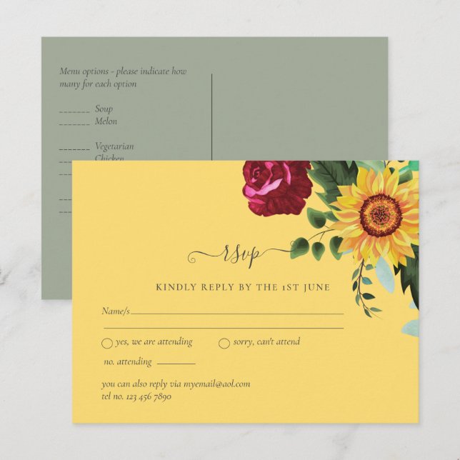 Postal Rosas de Borgoña Girasoles RSVP Boda (Anverso / Reverso)