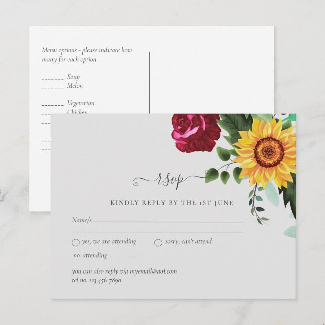 Postal Rosas de Borgoña Sunflowers Wedding RSVP (Anverso / Reverso)