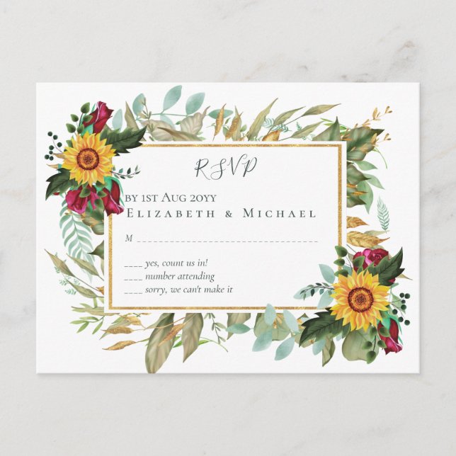 Postal Rosas de Borgoña Sunflowers Wedding RSVP (Anverso)