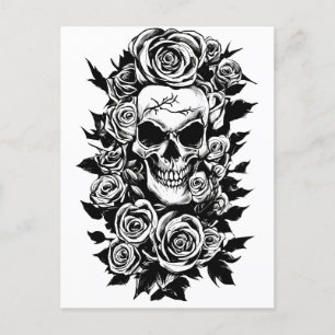 Postal Rosas de cráneo humanos Gótico dibujo original de