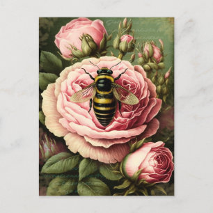 Postal Rosas de época y abeja reina