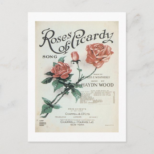 Postal Rosas de la portada del libro de canciones Picardy (Anverso)