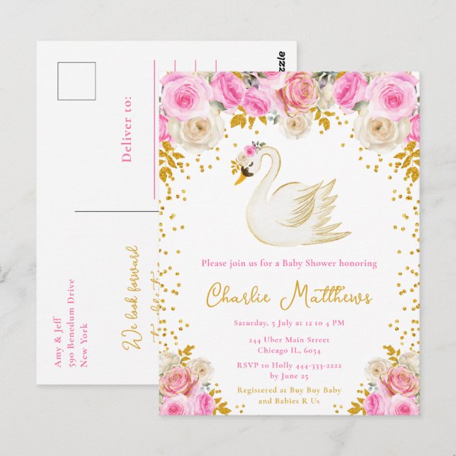 Postal Rosas de Oro y Rosa del Cisne Baby Shower (Anverso / Reverso)