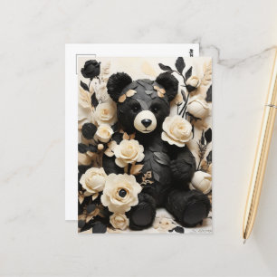 Postal Rosas de papel y hojas y San Valentín de oso negro