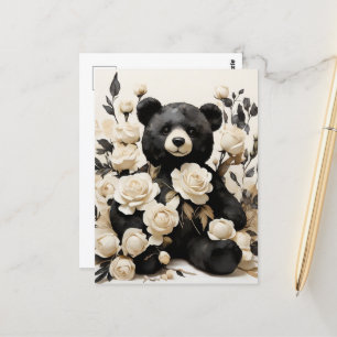 Postal Rosas de papel y San Valentín de oso negro