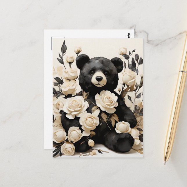 Postal Rosas de papel y San Valentín de oso negro (Anverso/Reverso In Situ)