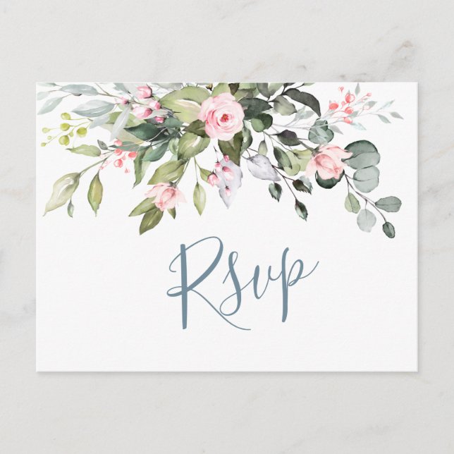 Postal Rosas de Rubor Eucalyptus Greenery Wedding RSVP (Anverso)