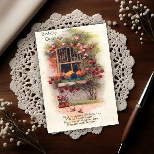 Postal Rosas de Ventana Vintage 1920 Felicitación de Cump
