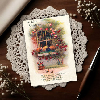 Postal Rosas de Ventana Vintage 1920 Felicitación de Cump