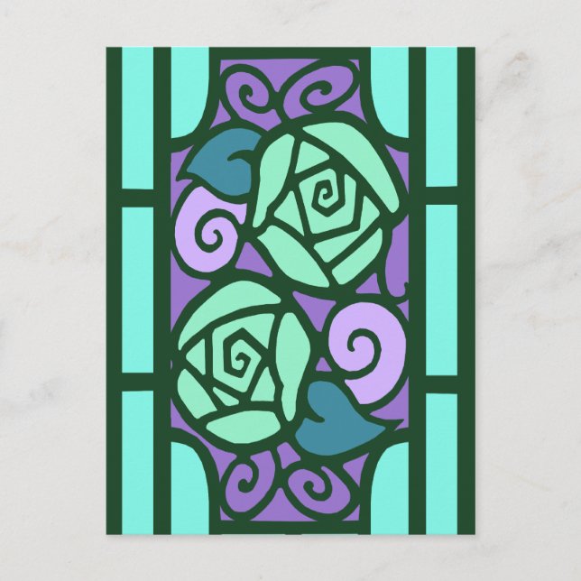 Postal Rosas deco en Aqua y Purple (Anverso)