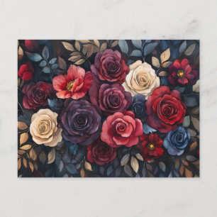 Postal Rosas en aquarela Ramo Hojas Coloridas