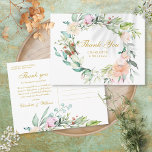 Postal Rosas Floral Garland Gold Script Gracias<br><div class="desc">Una tarjeta de agradecimiento a la moda con una elegante guirnalda de rosas florales y tipografía de oro. En el reverso se muestra el mensaje de agradecimiento, los nombres y los detalles de la dirección de retorno. Perfecto para bodas, duchas de novias, duchas para bebés, bautizos, fiestas de compromiso, celebraciones...</div>