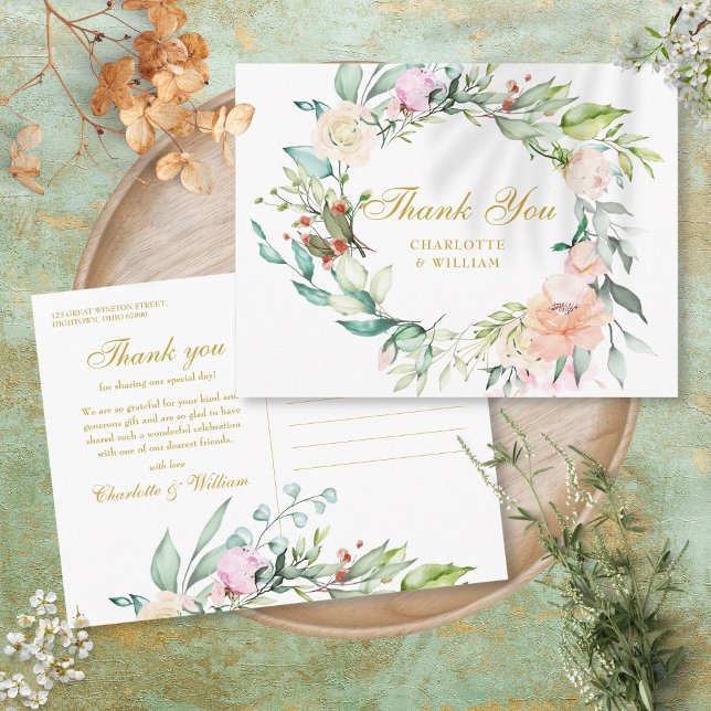 Postal Rosas Floral Garland Gold Script Gracias (Roses Floral Garland Gold Script Thank You Postcard)